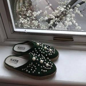 Green pearled espadrille style slip ons
